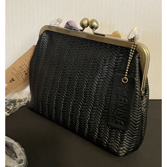 ANUSCHKA Black Woven Genuine Leather Handbag Kiss Lock Clutch Shoulder Bag Purse - Picture 4 of 8